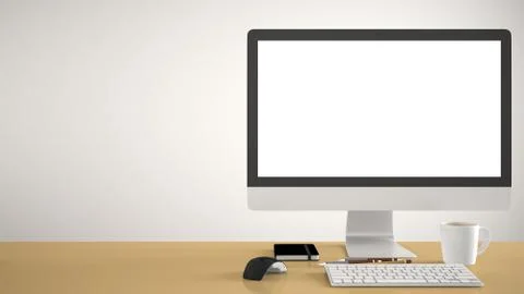 Desktop mockup, template, computer on yellow pantone colored work desk with b Ilustración de archivo