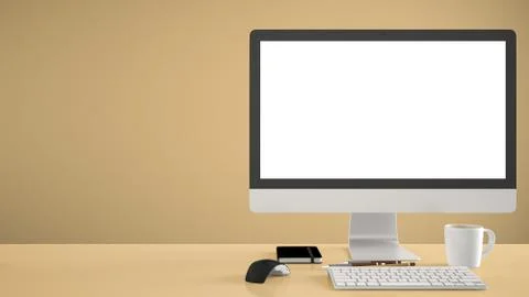 Desktop mockup, template, computer on yellow work desk with blank screen, key Stock Illustration