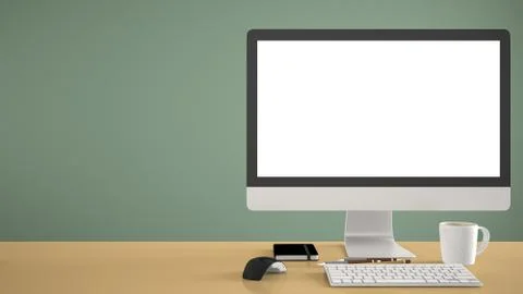 Desktop mockup, template, computer on yellow work desk with blank screen, key Stock Illustration