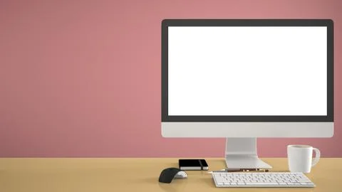 Desktop mockup, template, computer on yellow work desk with blank screen, key Illustrazione stock