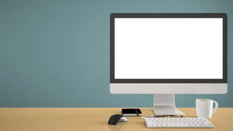 Desktop mockup, template, computer on yellow work desk with blank screen, key Illustrazione stock