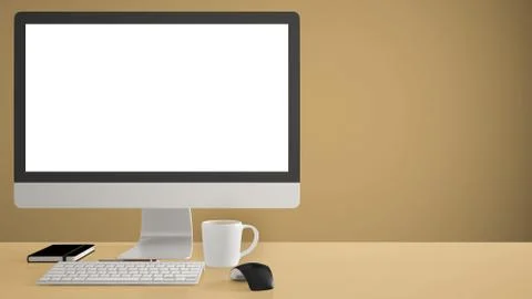 Desktop mockup, template, computer on yellow work desk with blank screen, key Stockillustratie