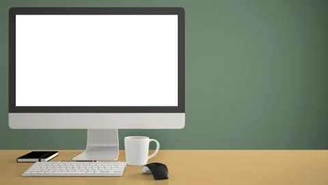 Desktop mockup, template, computer on yellow work desk with blank screen, key Stock Illustration