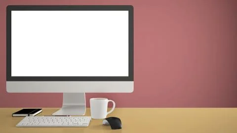 Desktop mockup, template, computer on yellow work desk with blank screen, key Illustrazione stock