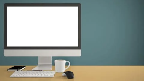 Desktop mockup, template, computer on yellow work desk with blank screen, key Stock Illustration