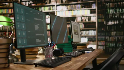 Desktop monitors with blue screen and AI chatbot in library workspace Stock Footage 337228687
