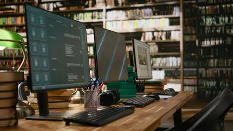 Desktop monitors with blue screen and AI chatbot in library workspace Stock Photos