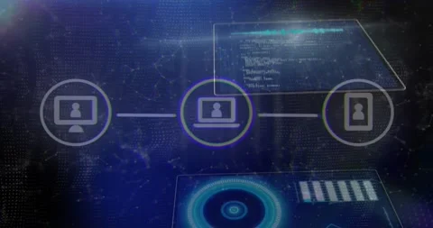 Desktop node launching glowing line linking laptop to mobile node with panels Stock Footage 317370171