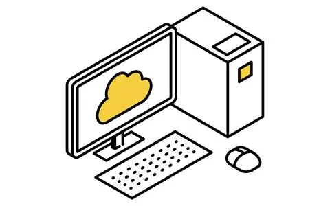 Desktop PC connected to cloud isometric line icon with cloud and desktop co.. Ilustração Stock