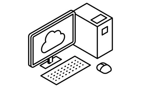 Desktop PC connected to cloud isometric line icon with cloud and desktop co.. Stock Illustration