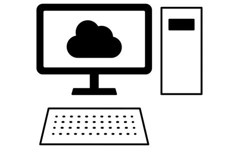 Desktop PC connected to cloud line icon with cloud and desktop computer, bl.. Stock Illustration