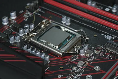 Desktop pc cpu installed on hi tech motherboard,computer components chip Stock-Fotos