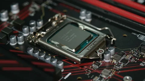 Desktop pc intel core cpu installed on hi tech motherboard,computer parts chip Stock Footage 153268898