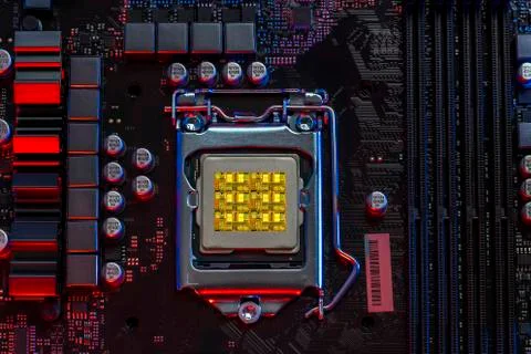 Desktop processor 9th gen on background motherboard closeup Stock Photos