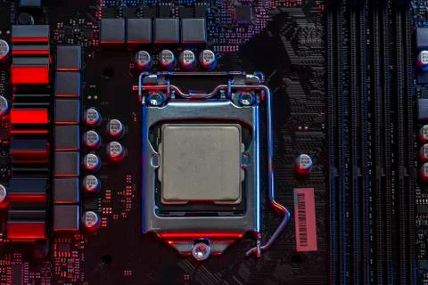 Desktop processor 9th gen on background motherboard closeup Stock Photos