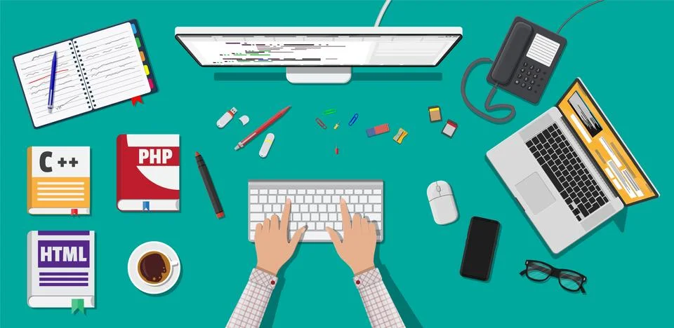 Desktop of programmer or coder Illustrazione stock