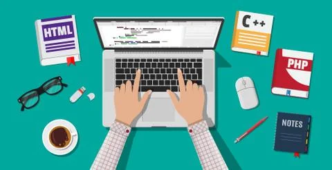 Desktop of programmer or coder. Illustrazione stock