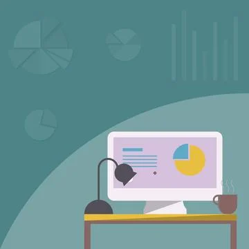 Desktop Resting On A Table Beside Coffee Mug And Light Lamp Showing Work Process Stock Illustration