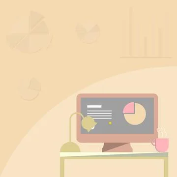 Desktop Resting On A Table Beside Coffee Mug And Light Lamp Showing Work Process 스톡 일러스트
