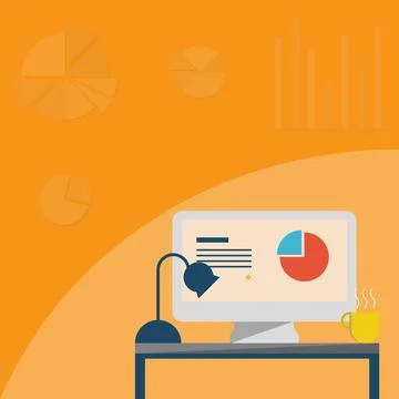 Desktop Resting On A Table Beside Coffee Mug And Light Lamp Showing Work Process Stock Illustration
