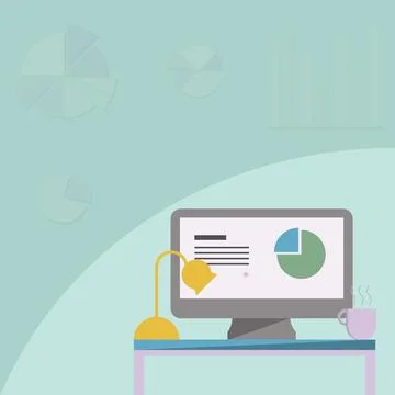 Desktop Resting On A Table Beside Coffee Mug And Light Lamp Showing Work Process Stock Illustration
