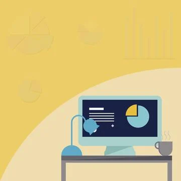 Desktop Resting On A Table Beside Coffee Mug And Light Lamp Showing Work Process Stock Illustration