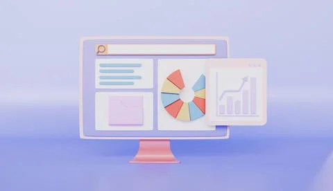 Desktop screen with graphs, optimization and profile, Pie chart with stock Stock Illustration