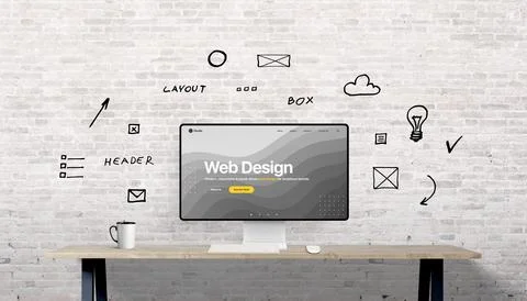 Desktop screen showcasing a web design studio homepage, surrounded by hand-drawn 스톡 사진