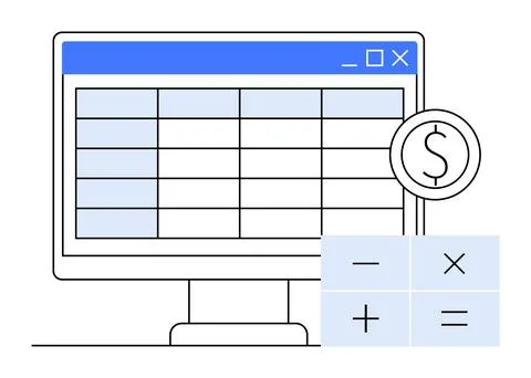 Desktop screen with a spreadsheet, a calculator, and a currency symbol. Ideal Illustrazione stock