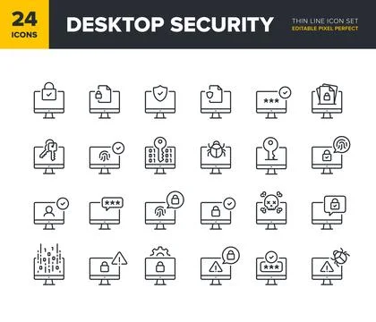 Desktop security vector line icon set Stock Illustration