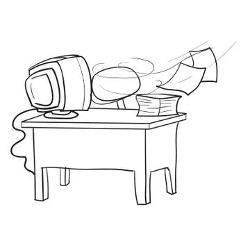 Desktop sketch with a stack of papers and a monitor, cartoon, isolated object イラスト素材