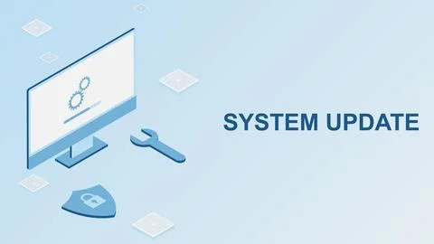 Desktop system update concept with isometric computer. Illustrazione stock