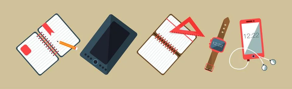 Desktop with Tablet, Notepad, Smartphone and Watch Vector Set Stock Illustration