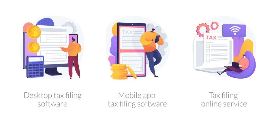 Desktop tax filing software vector concept metaphors. Stock Illustration