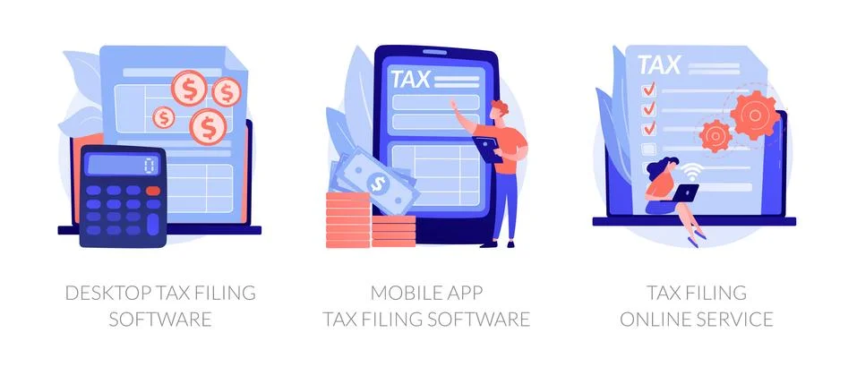 Desktop tax filing software vector concept metaphors. Stock Illustration