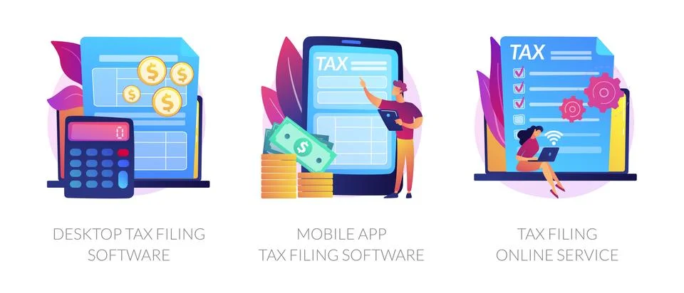 Desktop tax filing software vector concept metaphors. Stock Illustration