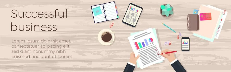 Desktop. Top view of the Workspace on the table. The layout of the office Stock Illustration