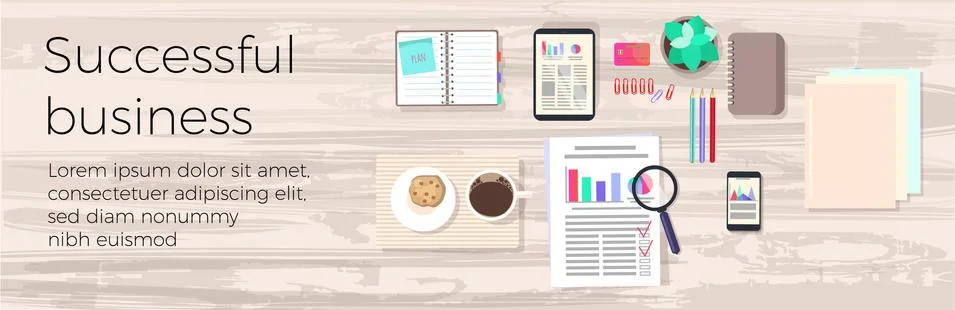 Desktop. Top view of the Workspace on the table. The layout of the office Stock Illustration