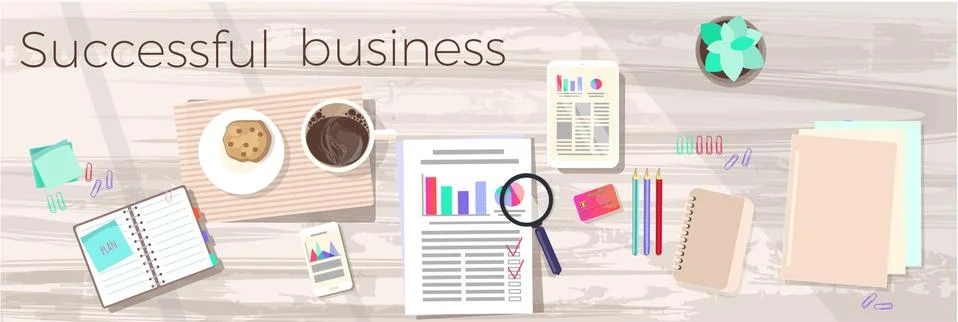 Desktop. Top view of the Workspace on the table. The layout of the office Stock Illustration