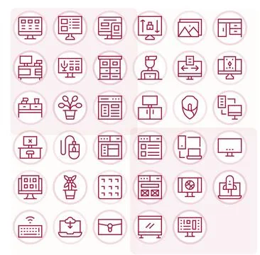 Desktop Visual Pack containing 35 Regular Line PIXEL Perfect Vector Icons Stock Illustration