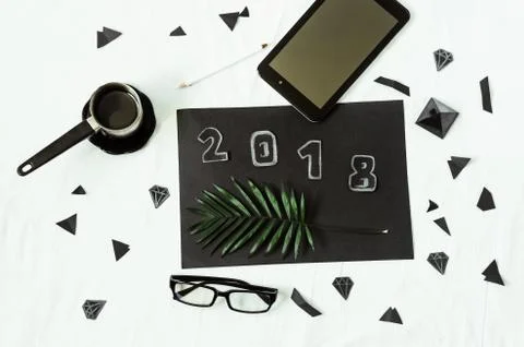 Desktop. white background. black objects. view from above Fotos Stock