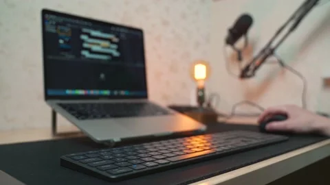 Desktop work laptop with wireless bluetooth keyboard and mouse Stock Footage 232612694