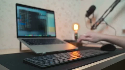 Desktop work laptop with wireless bluetooth keyboard and mouse Stock Footage 232612695