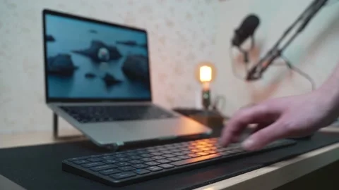 Desktop work laptop with wireless bluetooth keyboard and mouse Stock Footage 232612698