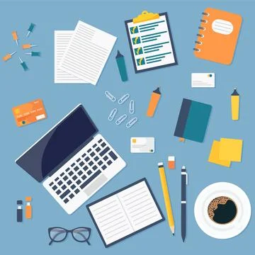 Desktop workplace background. Top view of a table, laptop, folder, documents, Stock Illustration