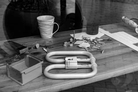Desktop in the workshop, tools lie on the table in the workshop. workshop table Stock Photos