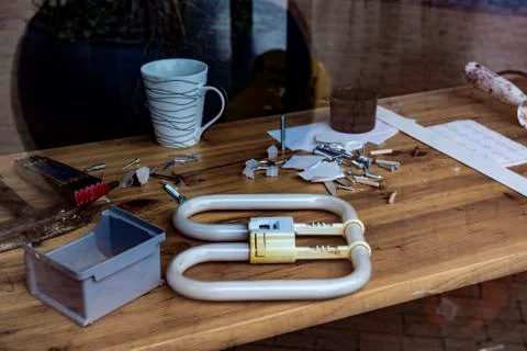 Desktop in the workshop, tools lie on the table in the workshop. workshop table Stock Photos