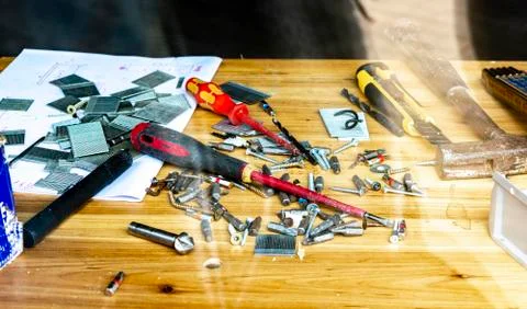Desktop in the workshop, tools lie on the table in the workshop. workshop table Stock Photos