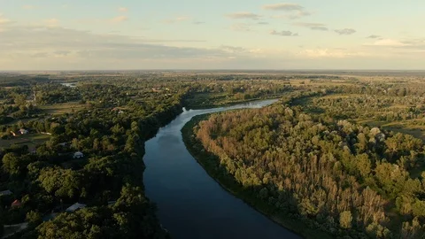 Desna River with forest. Aerial view. sunset. Stock Footage 111572073