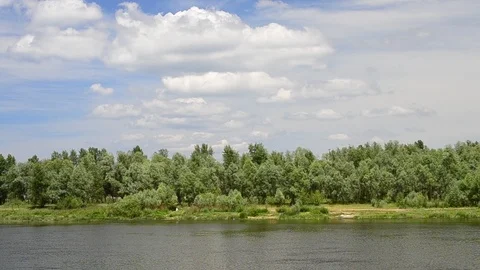 Desna river in summer with green trees and clouds in blue sky Stock Footage 88342548